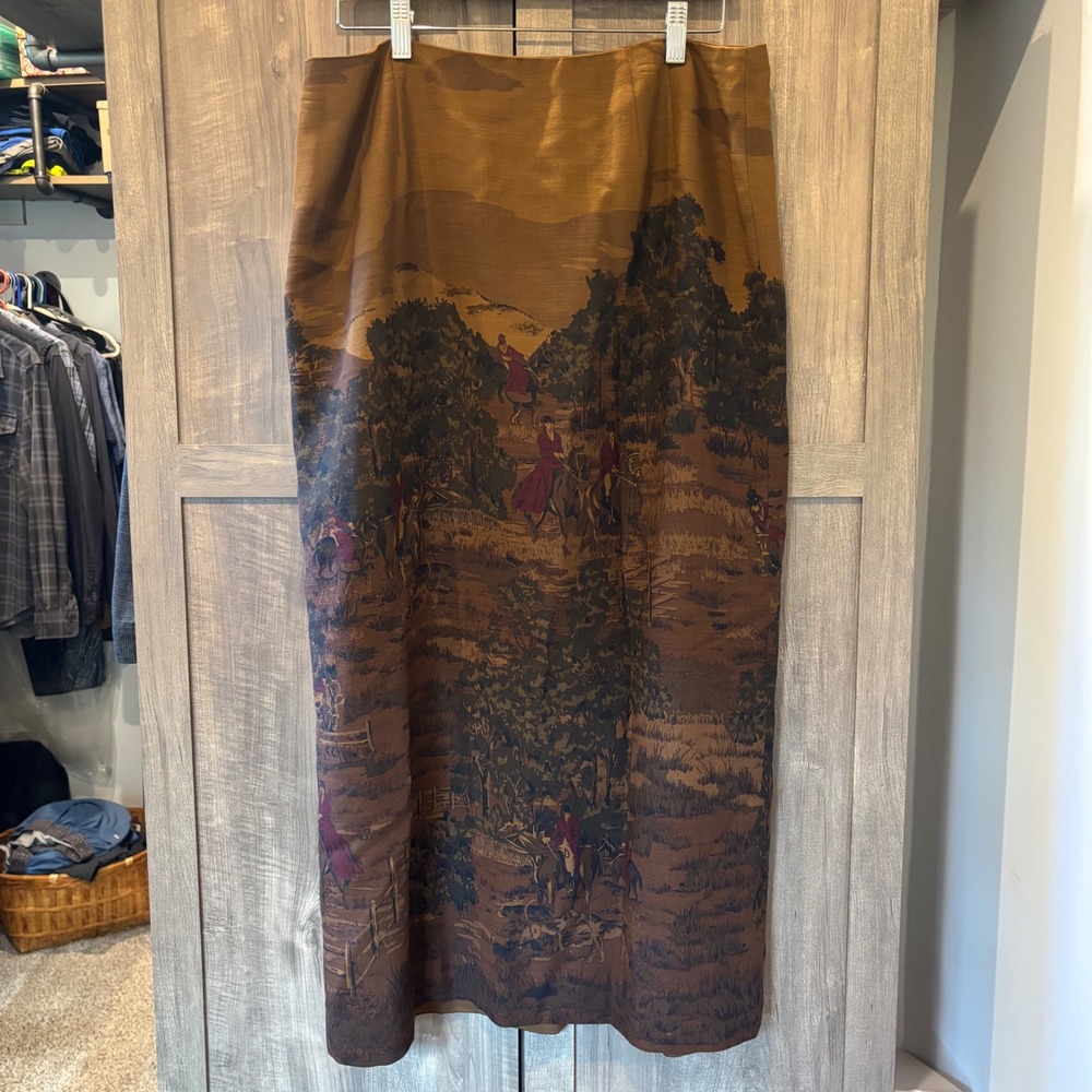 Talbots Vintage 100% Wool Equestrian Fox Hunt Scenic Maxi Skirt Brown Size 16